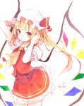  1girl ascot blonde_hair blush chita_(ketchup) crystal flandre_scarlet hat hat_ribbon long_hair looking_at_viewer mob_cap puffy_sleeves red_eyes ribbon shirt short_sleeves side_ponytail simple_background skirt skirt_set solo touhou vest white_background wings 