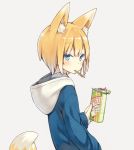  1girl animal_ears blonde_hair blue_eyes eating food food_in_mouth fox_ears fox_tail hand_in_pocket holding hood hoodie long_sleeves looking_at_viewer original poco_(asahi_age) pretz shiratama_kitsune short_hair simple_background solo tail upper_body white_background 