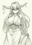  1girl blush breasts cleavage curtsey danua doraf dress elbow_gloves gloves granblue_fantasy horn_ornament horns jewelry large_breasts long_hair monochrome necklace pas_(paxiti) pointy_ears solo spaghetti_strap 