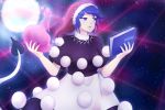  1girl blob blue_eyes blue_hair book doremy_sweet dress hat highres lenk64 nightcap pom_pom_(clothes) short_hair short_sleeves smile solo tail touhou 