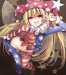  1girl :d american_flag american_flag_legwear american_flag_shirt blonde_hair brown_background clownpiece collar eyebrows eyebrows_visible_through_hair fairy fairy_wings flag_print fur_trim groin hat hips janne_cherry jester_cap long_hair long_sleeves looking_at_viewer navel open_mouth pantyhose pantyhose_pull polka_dot polka_dot_hat red_eyes simple_background smile solo standing star star_print stomach sweatband teeth touhou tsurime v_over_eye very_long_hair wings 