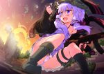  1girl bare_shoulders blush boots explosion explosive fang grenade gun hood hooded_jacket hoodie jacket leaf leaf_on_head long_hair minecraft open_mouth panties pantyshot pantyshot_(squatting) petenshi_(dr._vermilion) purple_hair rifle smile solo squatting twintails underwear violet_eyes vocaloid voiceroid weapon yuzuki_yukari 