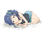  1girl aikatsu! blue_eyes blue_hair kiriya_aoi looking_at_viewer lying on_side short_hair shorts side_ponytail solo tamaoki_benkyou 