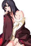  1girl bare_shoulders black_hair blush breasts cleavage collarbone covering covering_crotch covering_mouth cowboy_shot eyebrows eyebrows_visible_through_hair floral_print grey_eyes head_tilt highres japanese_clothes kimono long_hair long_sleeves matsunaga_kouyou open_clothes open_kimono original shiny shiny_skin simple_background solo standing tareme thighs white_background 
