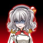  1girl :d aura beret commentary_request dark_aura epaulettes grey_eyes hat kantai_collection kashima_(kantai_collection) long_hair looking_at_viewer open_mouth silver_hair smile smirk solo tk8d32 twintails 