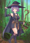  1girl belt boots breasts cape detached_sleeves forest hai_to_gensou_no_grimgar hat knee_boots large_breasts nature pouch purple_hair shihoru_(grimgar) sizukage solo staff thighs tree violet_eyes witch_hat 