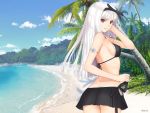  1girl beach bikini_top blanc_neige breasts clouds dimples_of_venus hairband holding long_hair ocean palm_tree parted_lips pleated_skirt red_eyes seashell shell shining_(series) shining_tears sideboob skirt sky smile solo tanaka_takayuki tree wallpaper water white_hair 