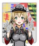  1girl blonde_hair blurry blush depth_of_field gloves green_eyes hat kantai_collection looking_at_viewer open_mouth peaked_cap prinz_eugen_(kantai_collection) smile solo twintails upper_body yoshitani_motoka 