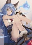  1girl animal_ears blue_hair breasts brown_eyes cape dutch_angle earrings ferry_(granblue_fantasy) fur_trim gloves gradient gradient_background granblue_fantasy jewelry long_hair looking_at_viewer parted_lips riffey sideboob sitting skirt sleeveless solo whip 