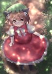  1girl animal_ears blurry_background brown_eyes brown_hair cat_ears chen dress from_above grass hat highres looking_at_viewer mob_cap niwaniwatori red_dress ribbon scenery short_hair short_sleeves touhou 