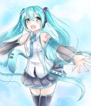  1girl aqua_eyes aqua_hair cowboy_shot detached_sleeves hatsune_miku hatsune_miku_(vocaloid3) headset highres long_hair looking_at_viewer musical_note namimumeho necktie open_mouth outstretched_arms see-through skirt solo spread_arms thigh-highs twintails very_long_hair vocaloid 