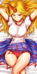  1girl arms_behind_head blonde_hair breasts hands_in_hair highres horn hoshiguma_yuugi legs long_hair looking_at_viewer orange_eyes panties red_panties shinburu short_sleeves smile solo touhou underwear 