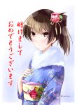  1girl brown_eyes brown_hair flower furisode hair_flower hair_ornament japanese_clothes kaga_(kantai_collection) kantai_collection kimono looking_at_viewer mikage_takashi side_ponytail smile solo translation_request upper_body 