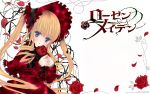  1girl bangs blonde_hair blue_eyes bonnet copyright_name dress flower frills highres lolita_fashion official_art parted_lips peach-pit red_rose rose rozen_maiden shinku solo thorns twintails wallpaper 