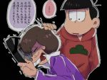  2boys akatsuka_fujio black_background black_hair brown_hair crying facial_hair formal hand_in_pocket hood hoodie iei iyami looking_at_another matsuno_osomatsu multiple_boys mustache osomatsu-kun osomatsu-san petting purple_suit simple_background suit translation_request 