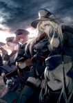  5girls anchor_hair_ornament auburn_hair bismarck_(kantai_collection) blonde_hair blue_eyes brown_gloves chestplate clothes_writing clouds cloudy_sky detached_sleeves dress garrison_cap gloves grey_eyes hair_ornament hat iron_cross kantai_collection kriegsmarine kylin long_hair looking_at_viewer looking_away machinery military military_hat military_uniform multiple_girls ocean peaked_cap prinz_eugen_(kantai_collection) rain sailor_dress sailor_hat short_hair silver_hair sky thigh-highs turret twintails u-511_(kantai_collection) uniform z1_leberecht_maass_(kantai_collection) z3_max_schultz_(kantai_collection) 