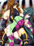  2girls argyle argyle_legwear audience breasts brown_hair closed_eyes dark_star_chaos detached_sleeves elbow_pads green_hair grin hand_on_another&#039;s_thigh himuro_shizuku mask multicolored_legwear multiple_girls noppo-san open_mouth saliva skin_tight smile thigh-highs wrestle_angels wrestle_angels_survivor wrestling wrestling_outfit 