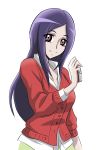  absurdres alternate_hairstyle arudebido cardigan cellphone collarbone eyelashes fresh_precure! higashi_setsuna highres holding_phone long_hair official_style older phone popped_collar precure purple_hair simple_background smile violet_eyes white_background 