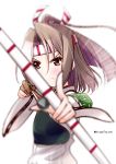 1girl aiming_at_viewer archery bow_(weapon) brown_eyes brown_hair foreshortening hachimaki headband kantai_collection kyuudou long_hair mikage_takashi muneate ponytail solo upper_body weapon wide_sleeves zuihou_(kantai_collection) 