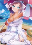  1girl absurdres aho bare_shoulders beach blue_eyes blue_hair breasts highres innertube japanese_clothes kimono large_breasts pinky_out senran_kagura_(series) short_hair smile solo umbrella water yomi_(senran_kagura) 