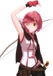  1girl :c arrow belt bow_(weapon) braid gloves hai_to_gensou_no_grimgar hand_on_hip highres knife long_hair one_eye_closed pink_hair pouch quiver solo weapon yellow_eyes yume_(grimgar) 