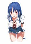  1girl bent_over blue_hair blush breasts cleavage highres hinanawi_tenshi long_hair looking_at_viewer no_hat open_mouth panties panty_pull red_eyes ribbon shirt short_sleeves simple_background skirt solo tetsurou_(fe+) touhou underwear white_background 