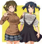  2girls ;) alternate_costume blue_eyes blue_hair blush breasts brown_eyes brown_hair buttons casual dress hand_on_another&#039;s_shoulder hiryuu_(kantai_collection) kantai_collection large_breasts long_hair long_sleeves looking_at_viewer multiple_girls okuba one_eye_closed one_side_up ribbed_sweater short_hair skirt sleeveless sleeveless_dress smile souryuu_(kantai_collection) sweater turtleneck turtleneck_sweater twintails 