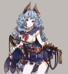  1girl animal_ears bangs bare_legs belt blue_hair blue_skirt breasts brown_eyes brown_gloves cape closed_mouth cowboy_shot crystal earrings eyelashes ferry_(granblue_fantasy) frills frown gem gloves granblue_fantasy grey_background high-waist_skirt highres holding_weapon hoop_earrings jewelry legs_apart long_hair looking_at_viewer mace pale_skin rabbit_ears sideboob simple_background single_earring skirt solo wavy_hair weapon whip youcapriccio 