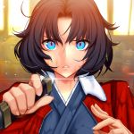  1girl alcoholrang black_hair blue_eyes fate/grand_order fate_(series) holding_knife jacket japanese_clothes kara_no_kyoukai kimono looking_at_viewer parted_lips ryougi_shiki short_hair solo type-moon 