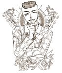  1boy collared_shirt copyright_name graphite_(medium) grin hand_on_own_chin heart highres hutomomo_syobou jojo_no_kimyou_na_bouken jojolion kuujou_josefumi male_focus monochrome one_eye_closed peace_symbol pin pompadour shirt smile solo traditional_media upper_body 