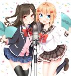  2girls :3 black_hair blazer blonde_hair blue_eyes bow cardigan fang hair_bow heroine_voice kneehighs long_hair multiple_girls open_mouth original red_eyes school_uniform short_hair skirt smile thigh-highs tsukudani_norio two_side_up 