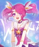  league_of_legends luxanna_crownguard marn open_mouth pink_eyes pink_hair ribbon sky smile star_(sky) star_guardian_lux starry_sky twintails 