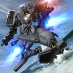  aiming assault_rifle dual_wielding emblem exhaust f-18_hornet_(muvluv) firing glowing glowing_eyes gun hiropon_(tasogare_no_puu) mecha missile missile_pod missiles muvluv muvluv_alternative no_humans photo_background rainbow rifle smoke_trail splashing water weapon 