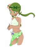  1girl blush breasts butterfly_ornament choker commentary_request cowboy_shot dark_skin fingers_together flower gluteal_fold green_eyes green_hair hair_flower hair_ornament halterneck headband long_hair mallow_(pokemon) midriff navel ookamiuo pokemon pokemon_(game) pokemon_sm ponytail sarong small_breasts smile solo swimsuit 