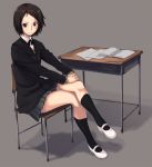  1girl amagami black_legwear brown_eyes brown_hair chair crossed_legs desk full_body grey_background hands_on_own_knees hands_together highres kurosawa_noriko loafers looking_at_viewer notebook paper parted_lips pleated_skirt sailor_collar school_desk school_uniform shoes short_hair sitting skirt socks solo wiori_(mashiro_miracle) 