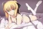  1girl ahoge aqua_eyes artist_name ass black_bow blonde_hair bow bra breasts cleavage closed_mouth eyebrows eyebrows_visible_through_hair fate/grand_order fate_(series) hair_bow long_hair looking_at_viewer lying magicians_(zhkahogigzkh) no_shoes on_bed on_stomach panties pillow ponytail saber saber_lily see-through smile solo underwear underwear_only veil white_bra white_legwear white_panties window_shade 