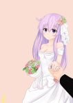  1girl absurdres bare_shoulders blush bouquet bride dress flower gloves hair_flower hair_ornament highres jewelry long_hair looking_at_viewer nepgear neptune_(series) petals purple_hair ring rose smile strapless strapless_dress tuxedo violet_eyes wedding wedding_dress white_dress 