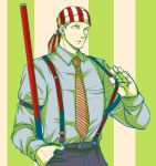  1boy alternate_costume bandana billy_kane blonde_hair blue_eyes fatal_fury formal hand_in_pocket male_focus necktie pant_suit pants red_necktie shirt short_hair snk solo staff striped striped_necktie suit suspenders the_king_of_fighters yk 