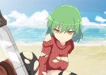  1girl absurdres beach breasts green_hair highres hikage_(senran_kagura) knife large_breasts looking_at_viewer mero_(hope7518) ocean outdoors pantyhose ribbed_sweater senran_kagura senran_kagura_(series) serious slit_pupils solo sweater torn_clothes torn_pantyhose torn_sweater yellow_eyes 