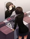  1girl amagami bathroom brown_eyes brown_hair comb cowboy_shot from_behind hand_on_own_face highres indoors kurosawa_noriko looking_at_mirror mirror pleated_skirt school_uniform short_hair sink skirt solo standing water wiori_(mashiro_miracle) 