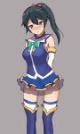  1girl aqua_(konosuba) aqua_(konosuba)_(cosplay) arms_behind_back bare_shoulders black_hair blue_eyes blush boots detached_sleeves grey_background hair_ribbon highres houshou_(kantai_collection) kantai_collection kono_subarashii_sekai_ni_shukufuku_wo! long_hair looking_at_viewer miniskirt mitchi no_panties ponytail ribbon side_ponytail skirt solo thigh-highs thigh_boots zettai_ryouiki 