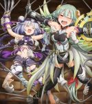  2girls armor armored_dress armpits bangs bare_shoulders barefoot belly_tickling black_legwear blunt_bangs blush braid claw_(weapon) detached_sleeves foot_tickling hair_ornament haku_(p&amp;d) laughing long_hair looking_at_viewer multiple_girls navel open_mouth outstretched_arms puzzle_&amp;_dragons red_eyes restrained shield shirosame tail tears thigh-highs tickle_torture tickling tiger_tail twin_braids valkyrie_(p&amp;d) weapon wings zettai_ryouiki 