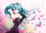  1girl \m/ absurdres aqua_eyes aqua_hair choker detached_sleeves dress earrings hatsune_miku heart highres huksly jewelry long_hair looking_at_viewer microphone open_mouth solo twintails vocaloid 