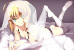  1girl ahoge aqua_eyes artist_name ass black_bow blonde_hair bow bra breasts cleavage closed_mouth eyebrows eyebrows_visible_through_hair fate/grand_order fate_(series) hair_bow long_hair looking_at_viewer lying magicians_(zhkahogigzkh) no_shoes on_bed on_stomach panties pillow ponytail saber saber_lily see-through smile solo underwear veil white_bra white_legwear white_panties window_shade 