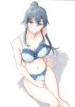  1girl bare_shoulders black_hair blue_bra blue_panties blush bra breasts cleavage frills kantai_collection long_hair looking_at_viewer navel panties ponytail red_eyes sidelocks sitting smile solo underwear underwear_only vent_arbre yahagi_(kantai_collection) 