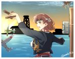  1girl airplane asakawa_(outeq) blush breasts brown_eyes brown_hair chiyoda_(kantai_collection) clouds headband japanese_clothes kantai_collection large_breasts long_sleeves ocean open_mouth remodel_(kantai_collection) short_hair silhouette sky solo sunset tagme twitter_username water white_blouse 