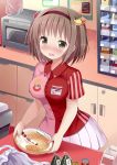  1girl blush brown_eyes brown_hair commentary_request convenience_store counter employee_uniform food givuchoko hair_ornament hairband highres microwave moe2016 obentou onigiri open_mouth original pasta shirt shop short_hair skirt solo tears uniform wavy_mouth 