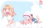  2girls :d arms_up barefoot beret black_ribbon blonde_hair blue_sky blush chibi clouds commentary_request dated falling hair_ribbon harusame_(kantai_collection) hat highres innertube kanon_(kurogane_knights) kantai_collection long_hair multiple_girls one-piece_swimsuit open_hands open_mouth pink_hair ribbon running side_ponytail sky smile straight_hair swimsuit white_swimsuit wide_face yuudachi_(kantai_collection) |_| 