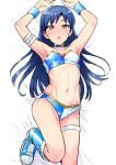  1girl arm_strap armpits arms_up bandeau blue_hair blush boots brown_eyes choker highres idolmaster kisaragi_chihaya long_hair looking_at_viewer lying midriff navel on_back open_mouth short_shorts shorts solo sweat thigh_strap tsurui very_long_hair wrist_cuffs 