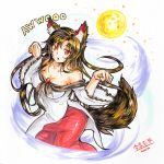  1girl animal_ears bare_shoulders breasts brooch brown_hair cleavage collarbone freeze-ex full_moon imaizumi_kagerou jewelry large_breasts long_hair marker_(medium) moon open_mouth red_eyes shirt skirt solo tail touhou traditional_media very_long_hair wide_sleeves wolf_ears wolf_tail 